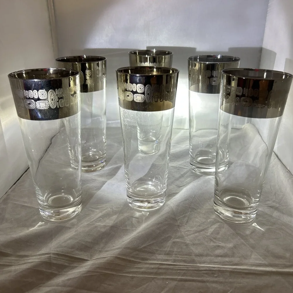Set of 6 Rare 1950s Silver Rimmed Atomic Highball Glasses